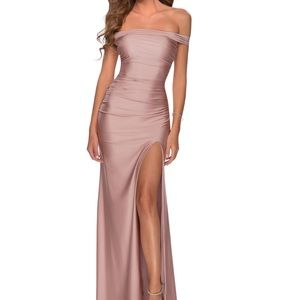 La Femme Taupe Off the Shoulder Satin Trumpet Gown color mauve